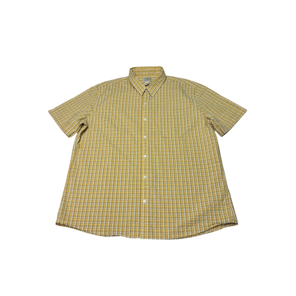 LL Bean Mens XL Short Sleeve Plaid Button Up Seersucker‎ Shirt Yellow Cotton